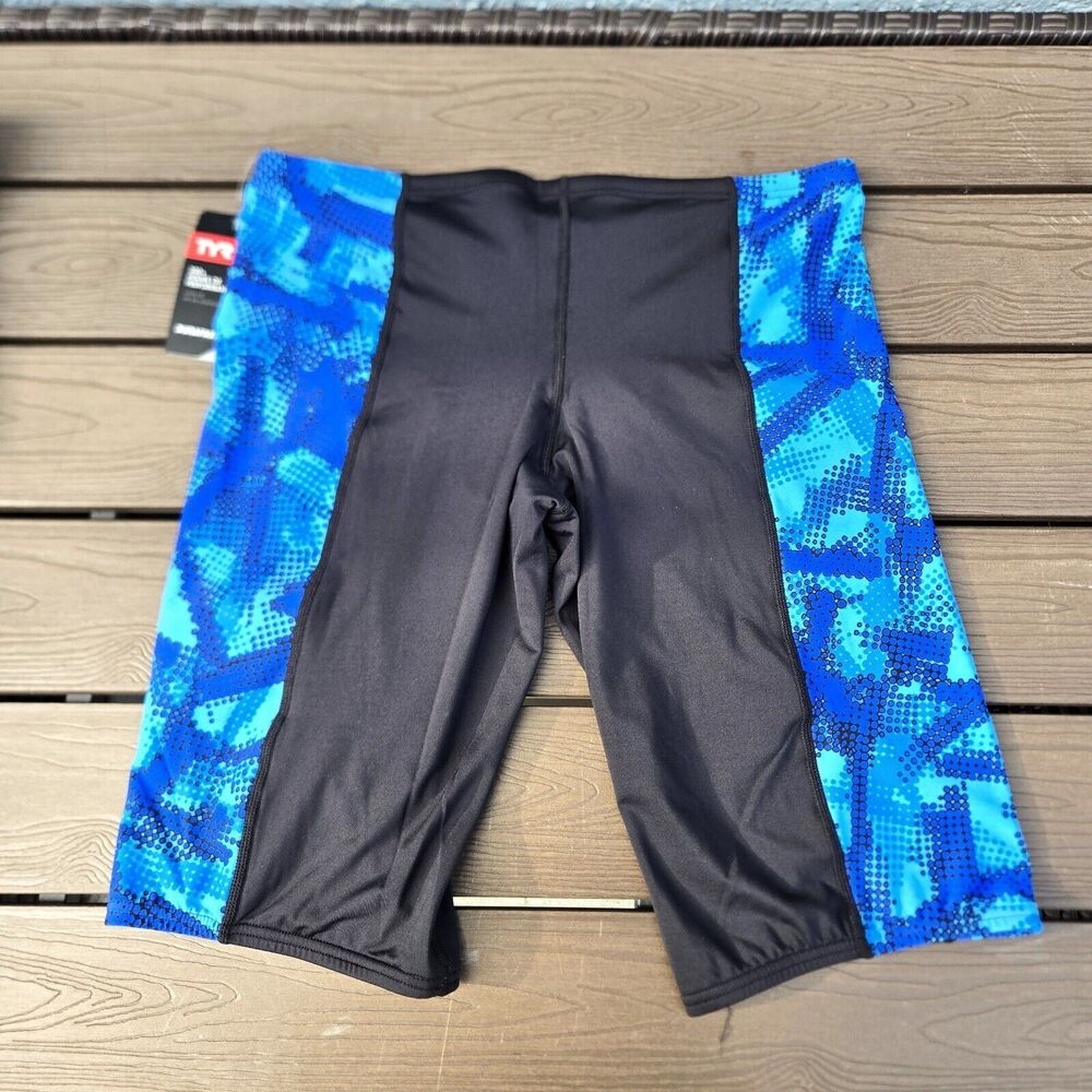 TYR Durafast Vesuvius Mens Black/Blue Drawstring Splice Swim Jammer Size 32 New